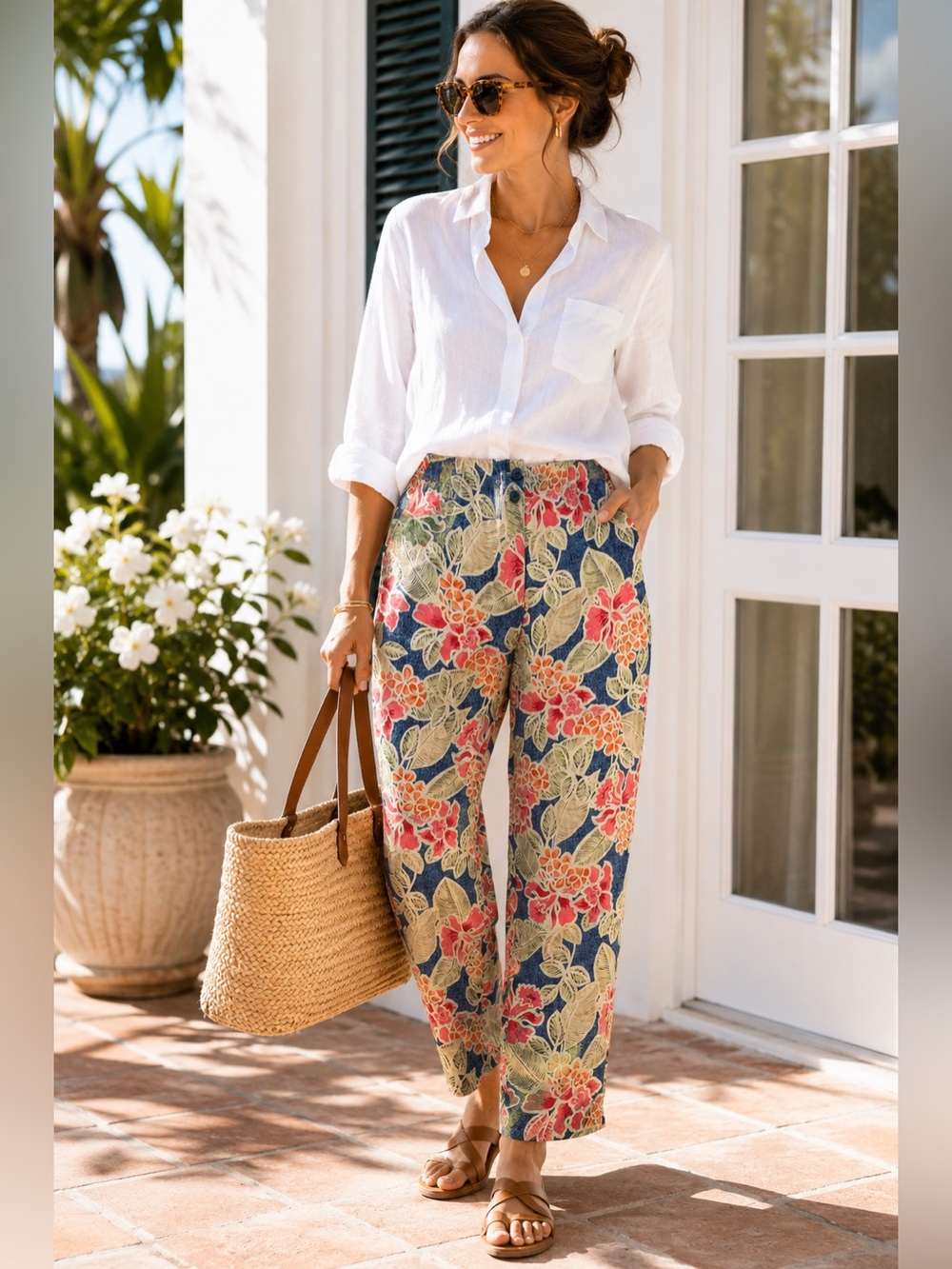 Vintage Talbots Linen Blend Tropical Floral Pants Resort 10 Relaxed Straight
